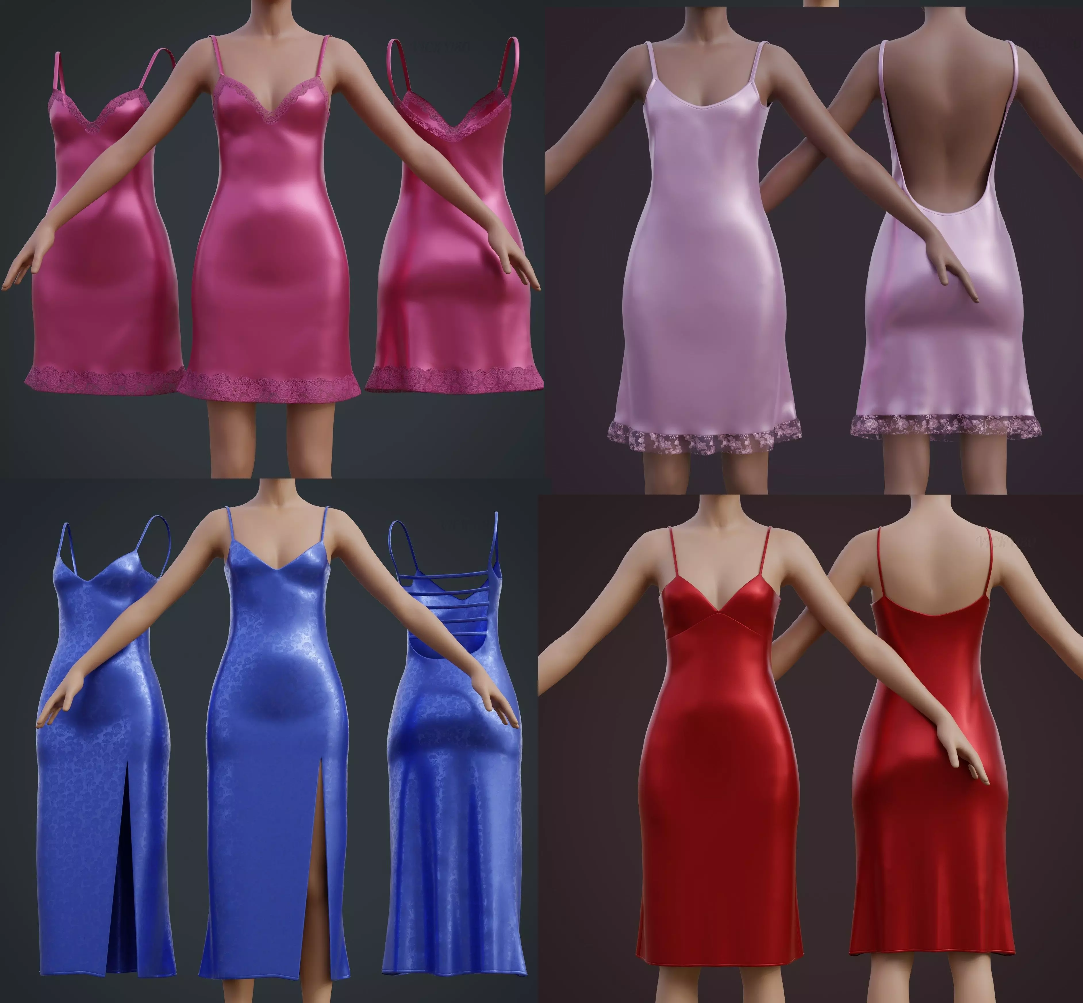 Silk Satin Evening gowns - Female undergarment slip dresses 3D Model Pack