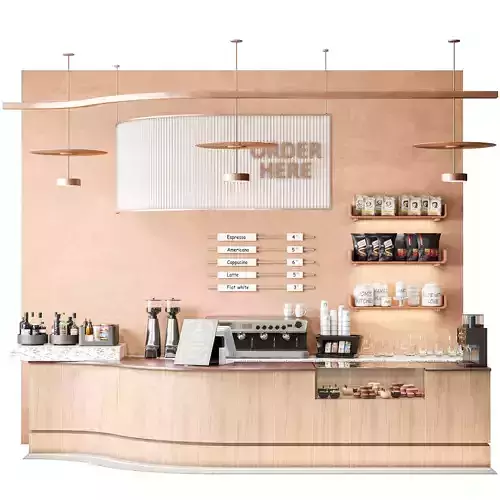 Cafe with a display case with desserts and a coffee machine