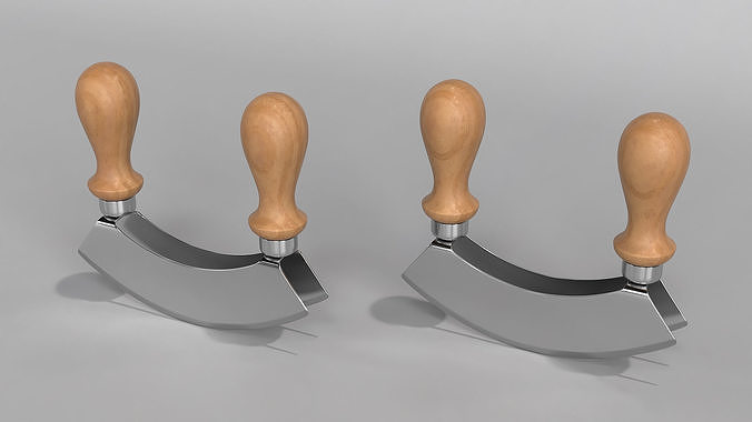 Mezzaluna with Two Blades and Wooden Handles 3D model 3