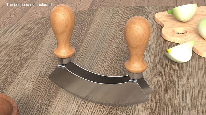 Mezzaluna with Two Blades and Wooden Handles 3D model 2
