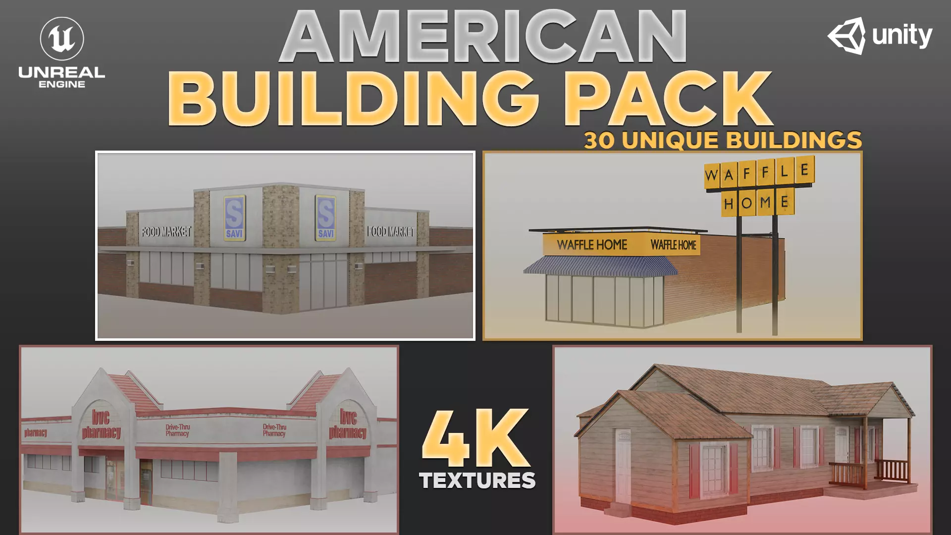 American Building Pack Low Poly 30 Unique Buildings Game Ready  Low-poly 3D model_0