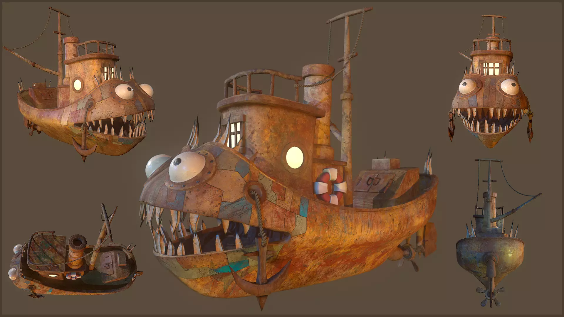 Stylized Spiked Fish Boat Low-poly 3D model