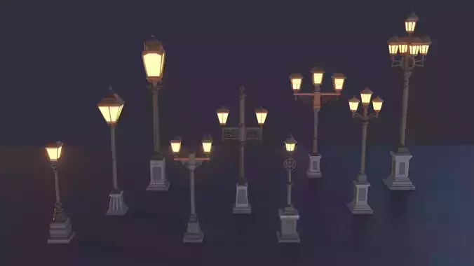 collection of 9 vintage-style  low poly antique street lamps