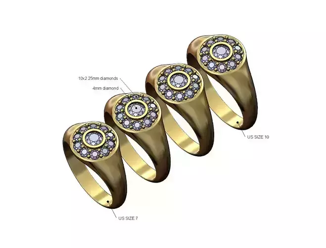 Diamond bezel cluster round dome signet ring US sizes 7to10