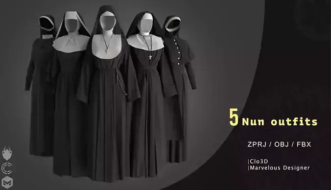5 Nun outfits OBJ-FBX-ZPRJ 3D Model 3D model