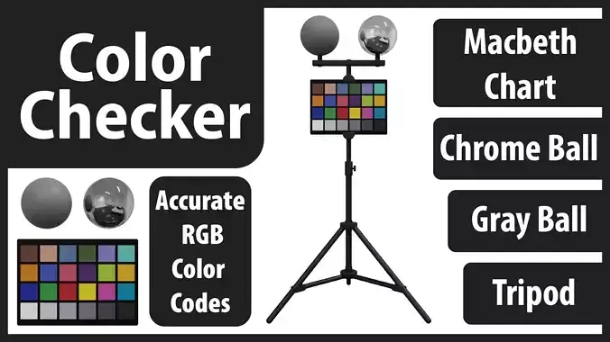 Color Checker with Chrome ball - Gray ball and Tripod   Low-poly 3D model