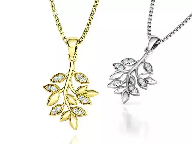 Leaves Twig Diamond Pendant Necklace 21mm 3dmodel