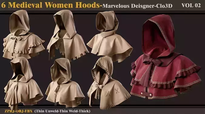 6 Medieval Women Hoods-MD-Clo3D-ZPRJ-FBX-OBJ 3D model