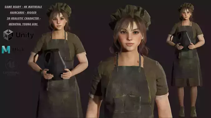 AAA 3D FANTASY MEDIEVAL CHARACTER -YOUNG BEAUTIFUL GIRL 2 Low-poly 3D model