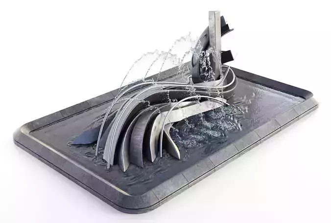 Pond with Metallic Sculpture and Fountains