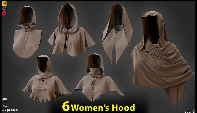 6 Medieval Hood For Women 3D model