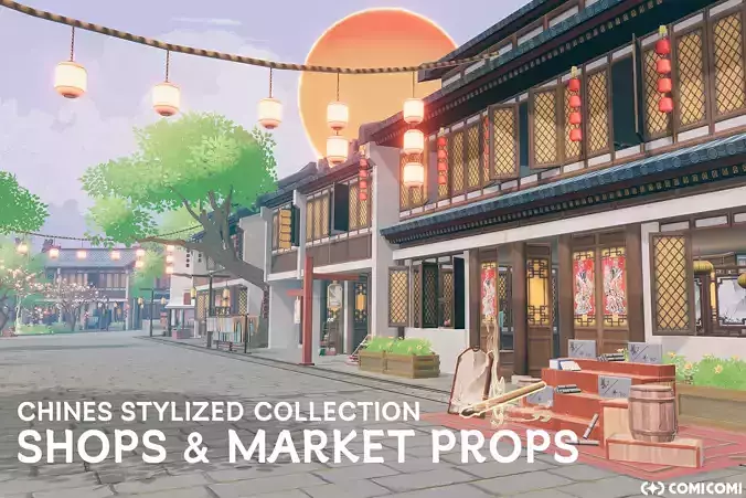 Chinese Stylized Shops and Market Props Collection Low-poly 3D model