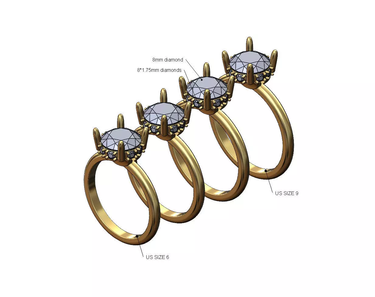 Hidden diamond open arches 8mm stone setting ring 3D print model_0