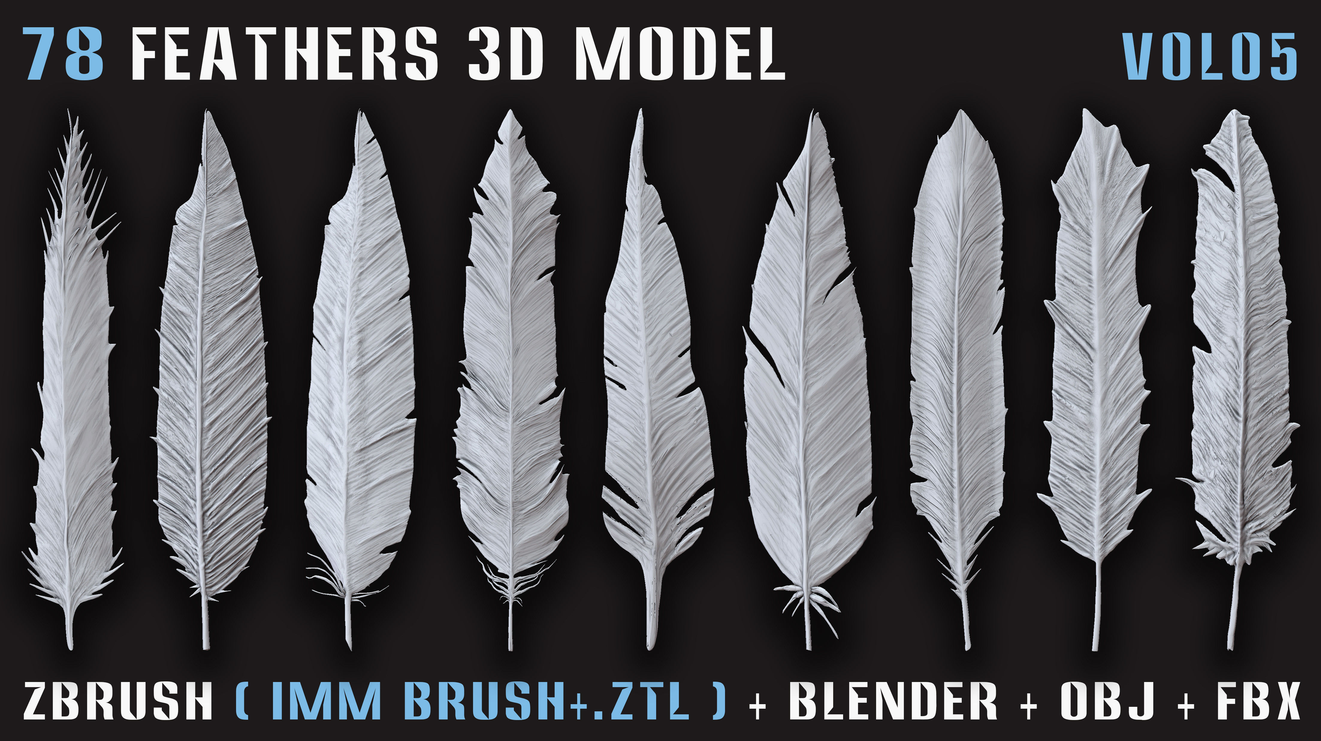 78 Feathers 3D Model - High and Mid and Low Poly- Vol05 Low-poly 3D model_5