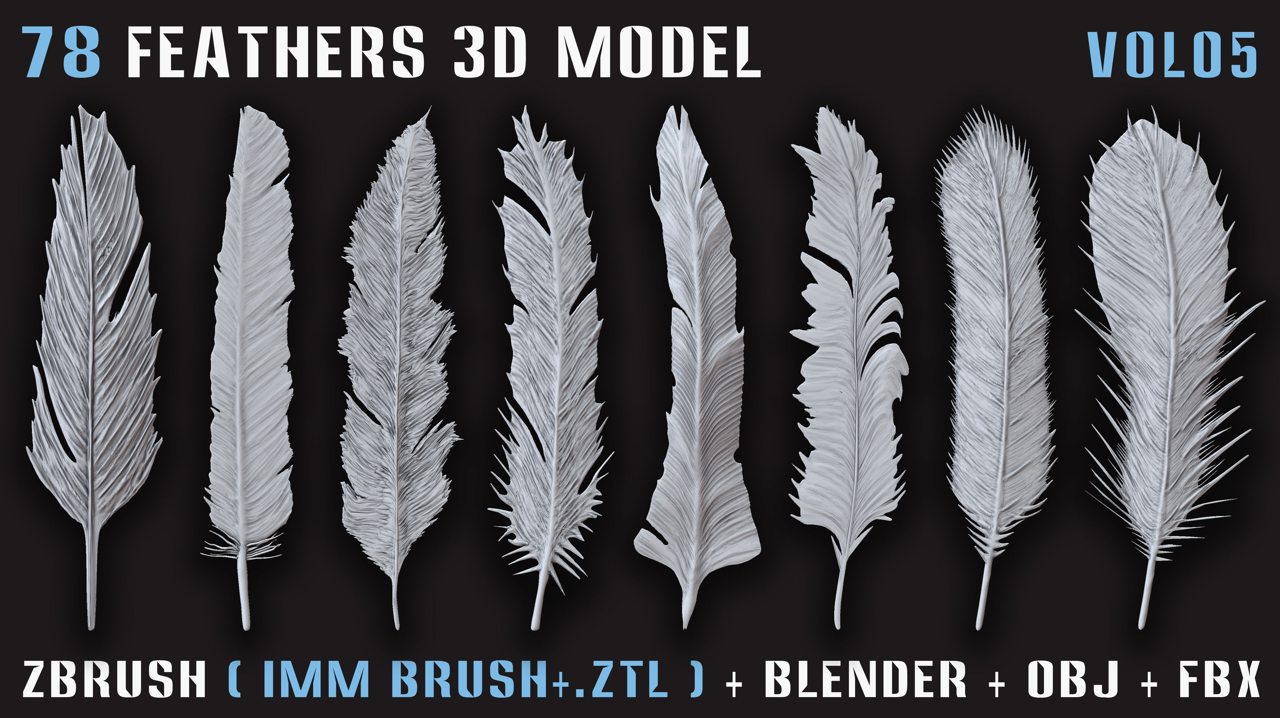 78 Feathers 3D Model - High and Mid and Low Poly- Vol05 Low-poly 3D model_7