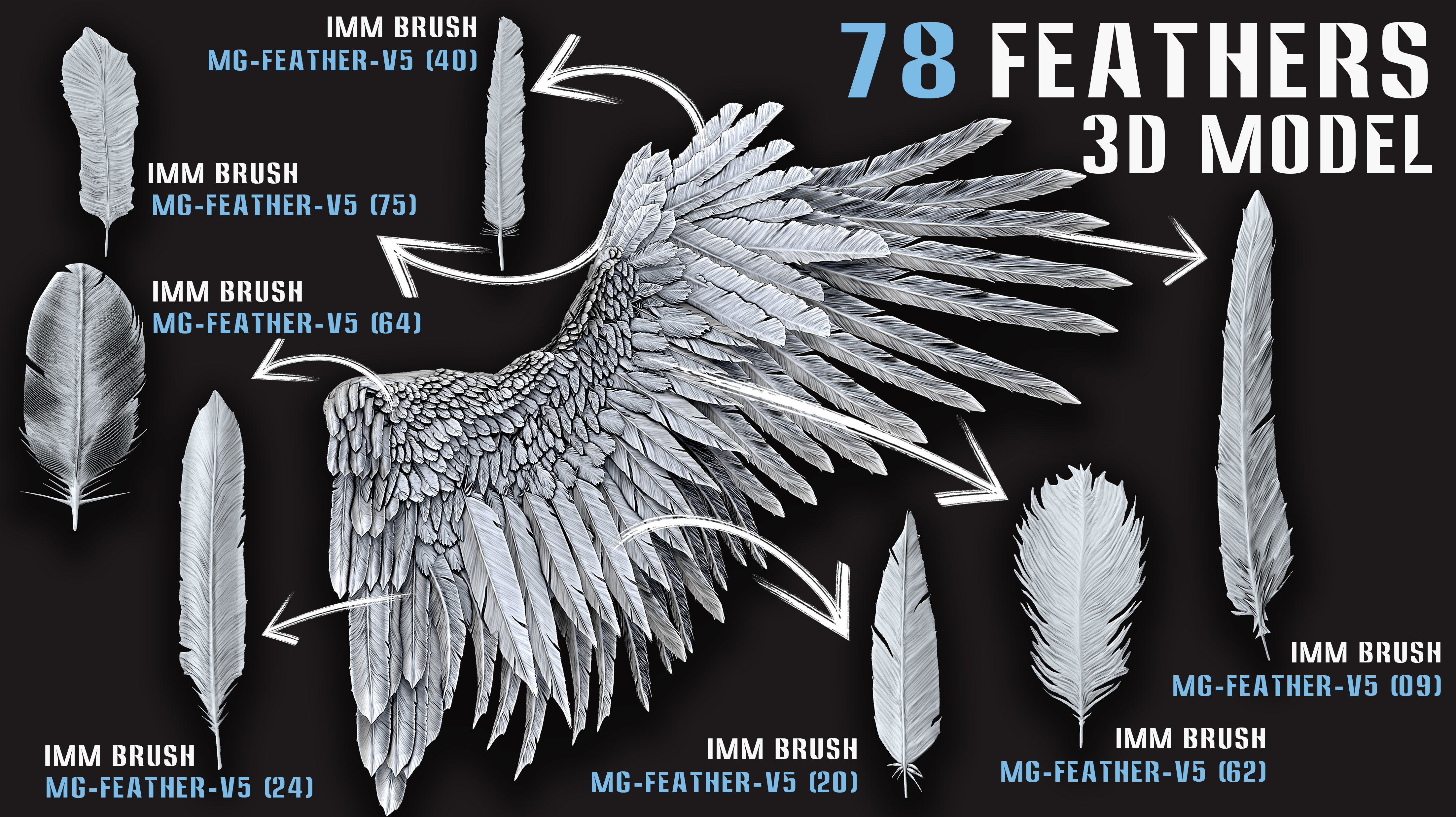 78 Feathers 3D Model - High and Mid and Low Poly- Vol05 Low-poly 3D model_2
