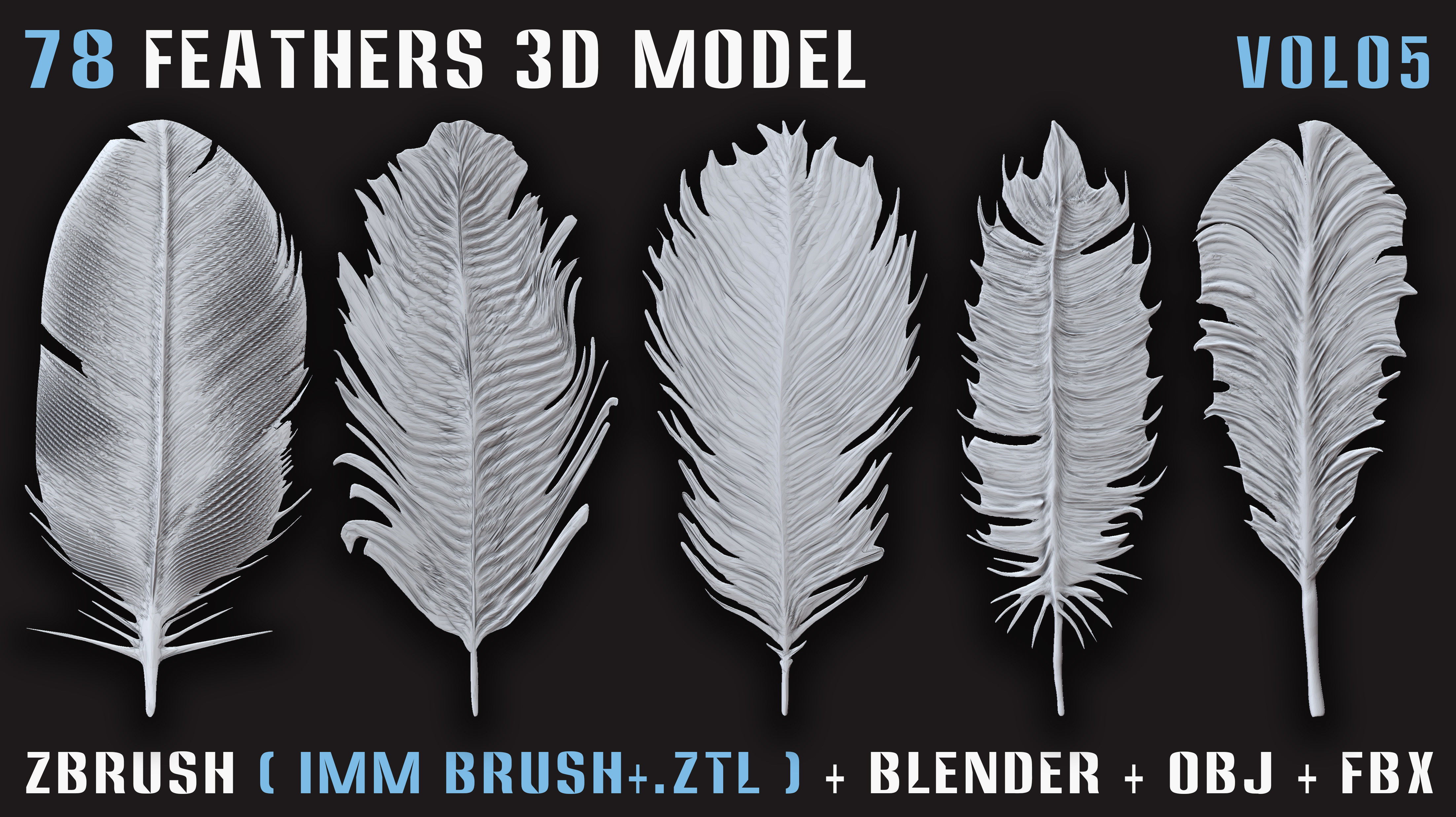 78 Feathers 3D Model - High and Mid and Low Poly- Vol05 Low-poly 3D model_10