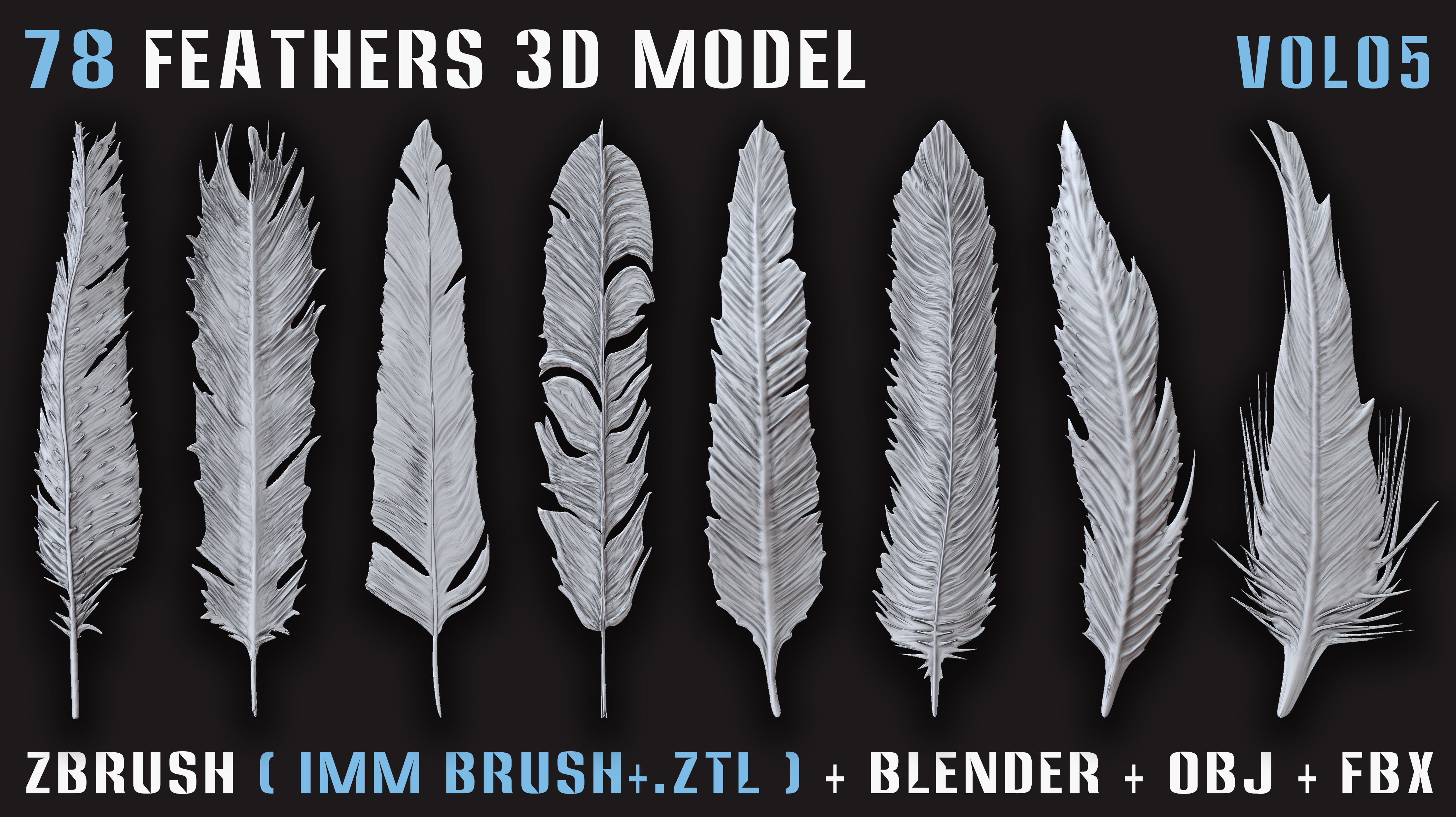 78 Feathers 3D Model - High and Mid and Low Poly- Vol05 Low-poly 3D model_6