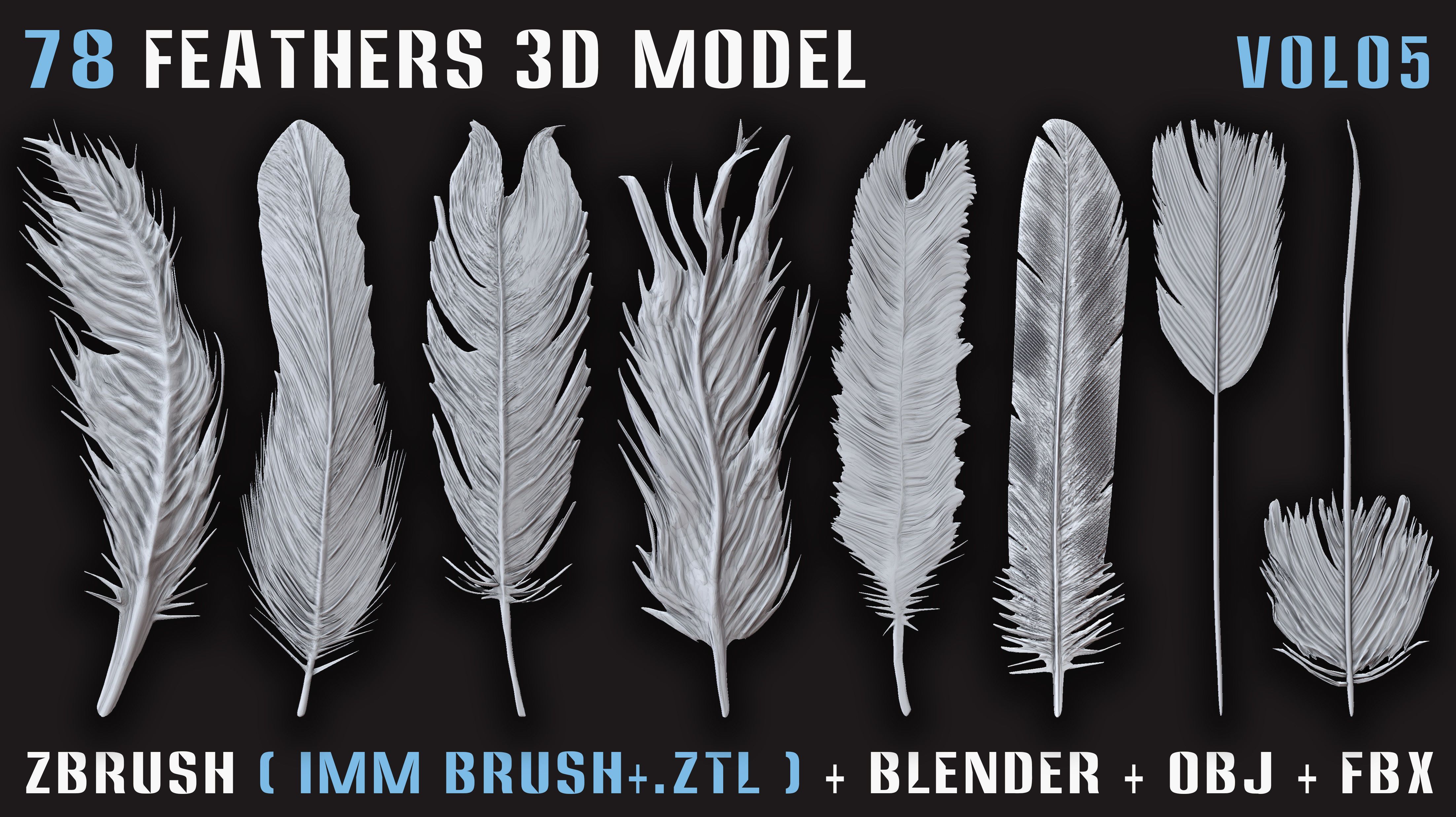 78 Feathers 3D Model - High and Mid and Low Poly- Vol05 Low-poly 3D model_8