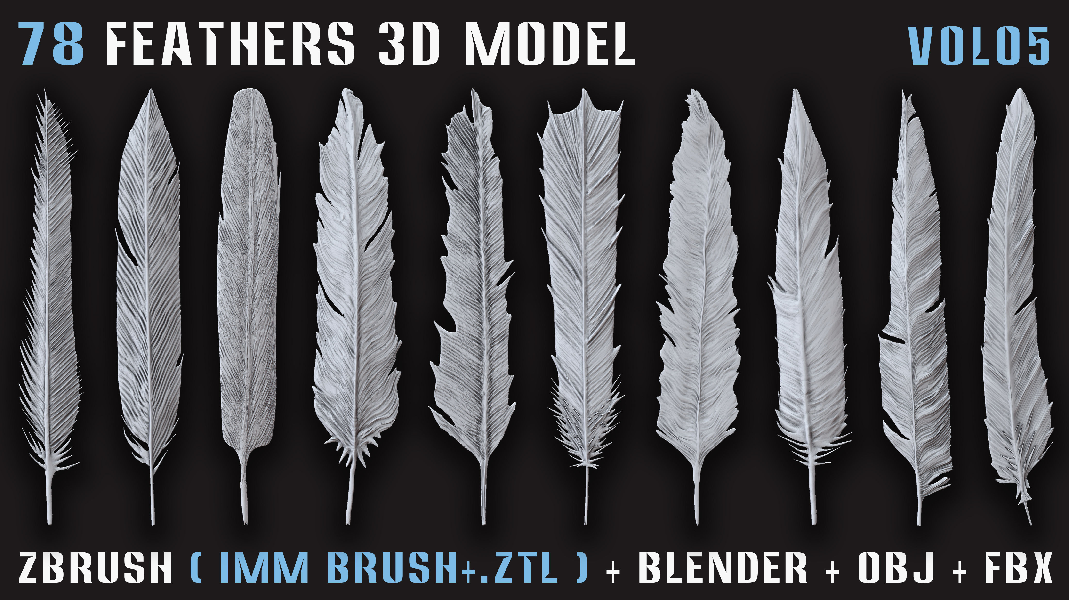 78 Feathers 3D Model - High and Mid and Low Poly- Vol05 Low-poly 3D model_3