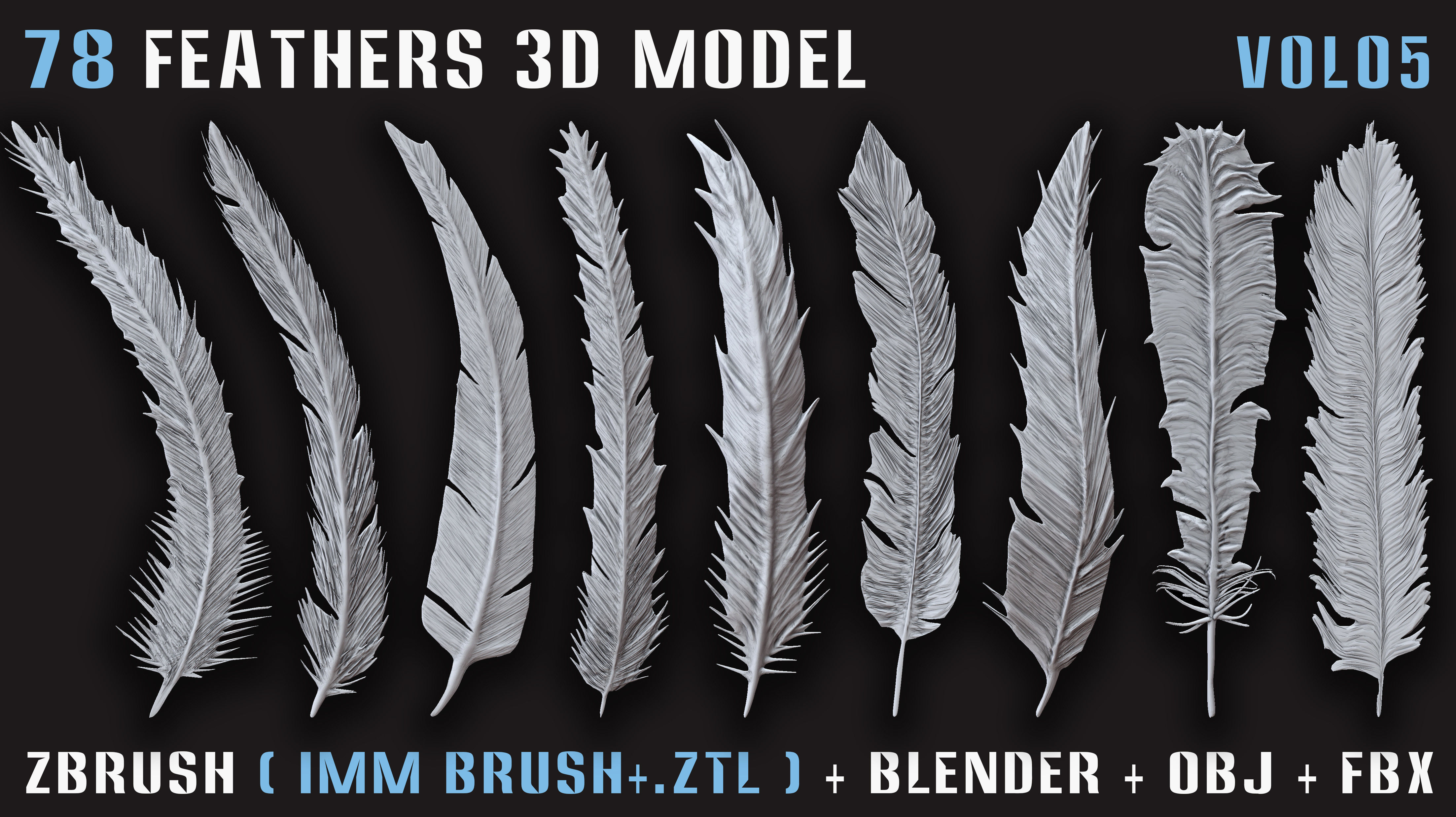 78 Feathers 3D Model - High and Mid and Low Poly- Vol05 Low-poly 3D model_4