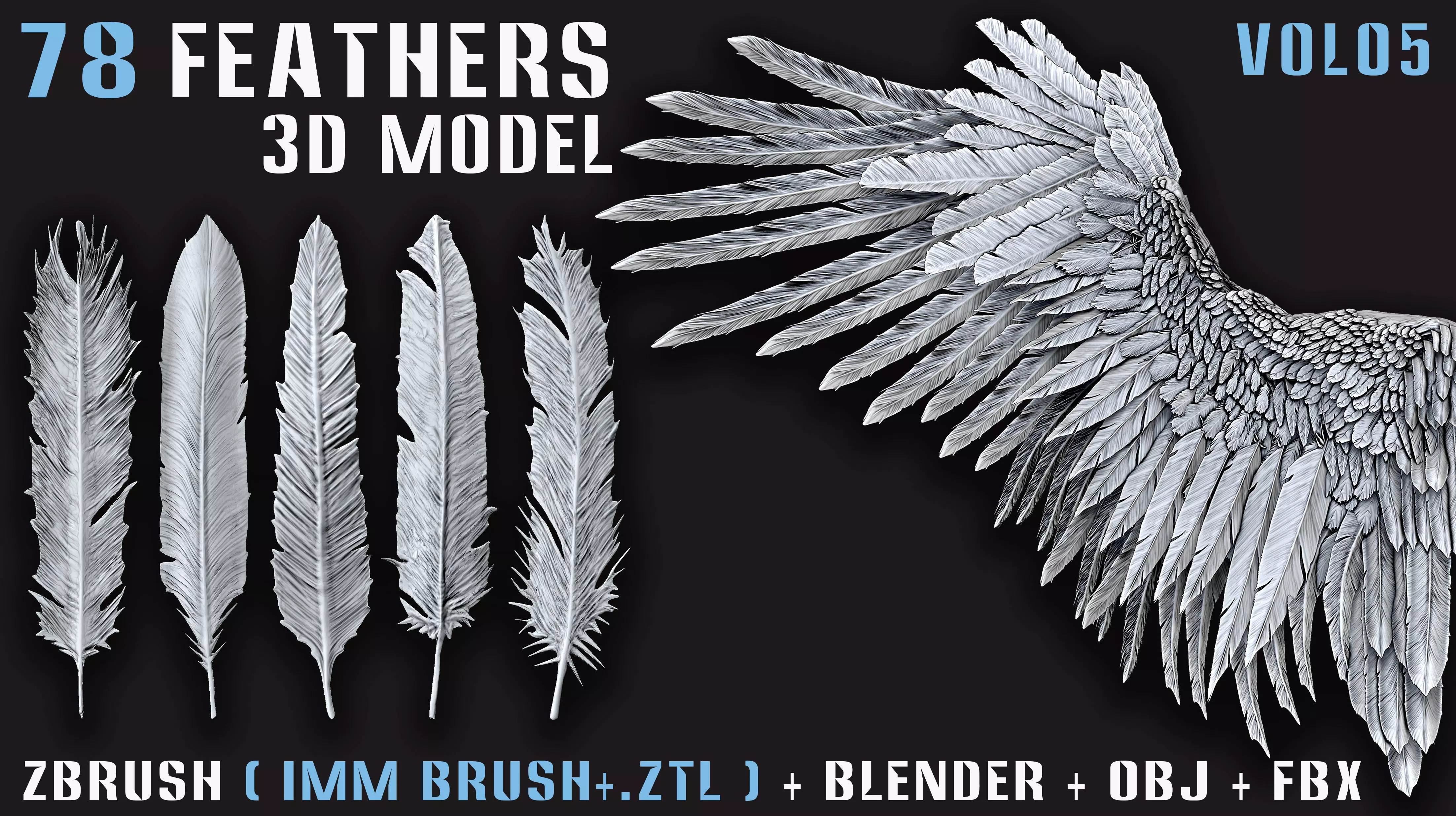 78 Feathers 3D Model - High and Mid and Low Poly- Vol05 Low-poly 3D model_0