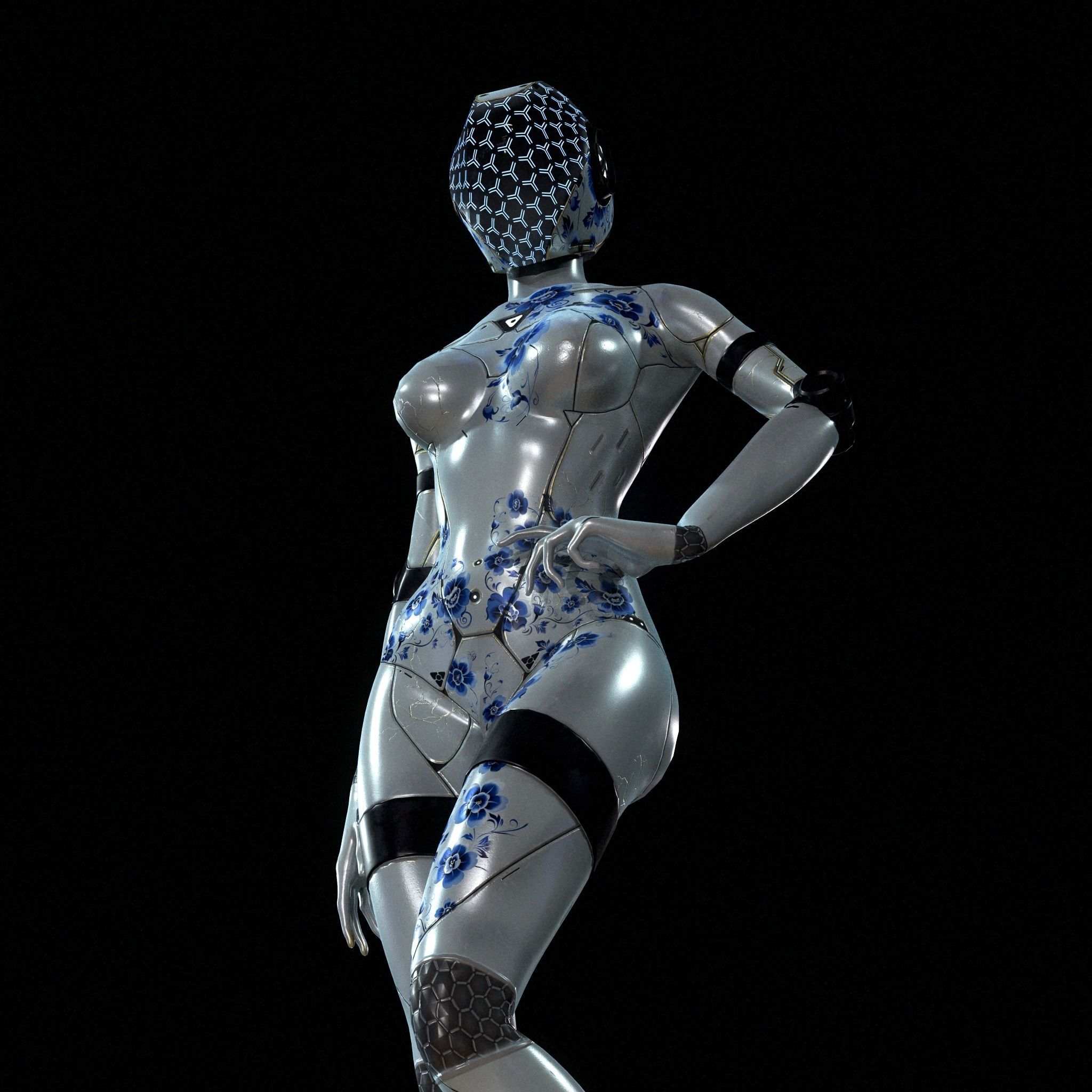 NEON Gzhel - cybernetic girl Low-poly 3D model_5