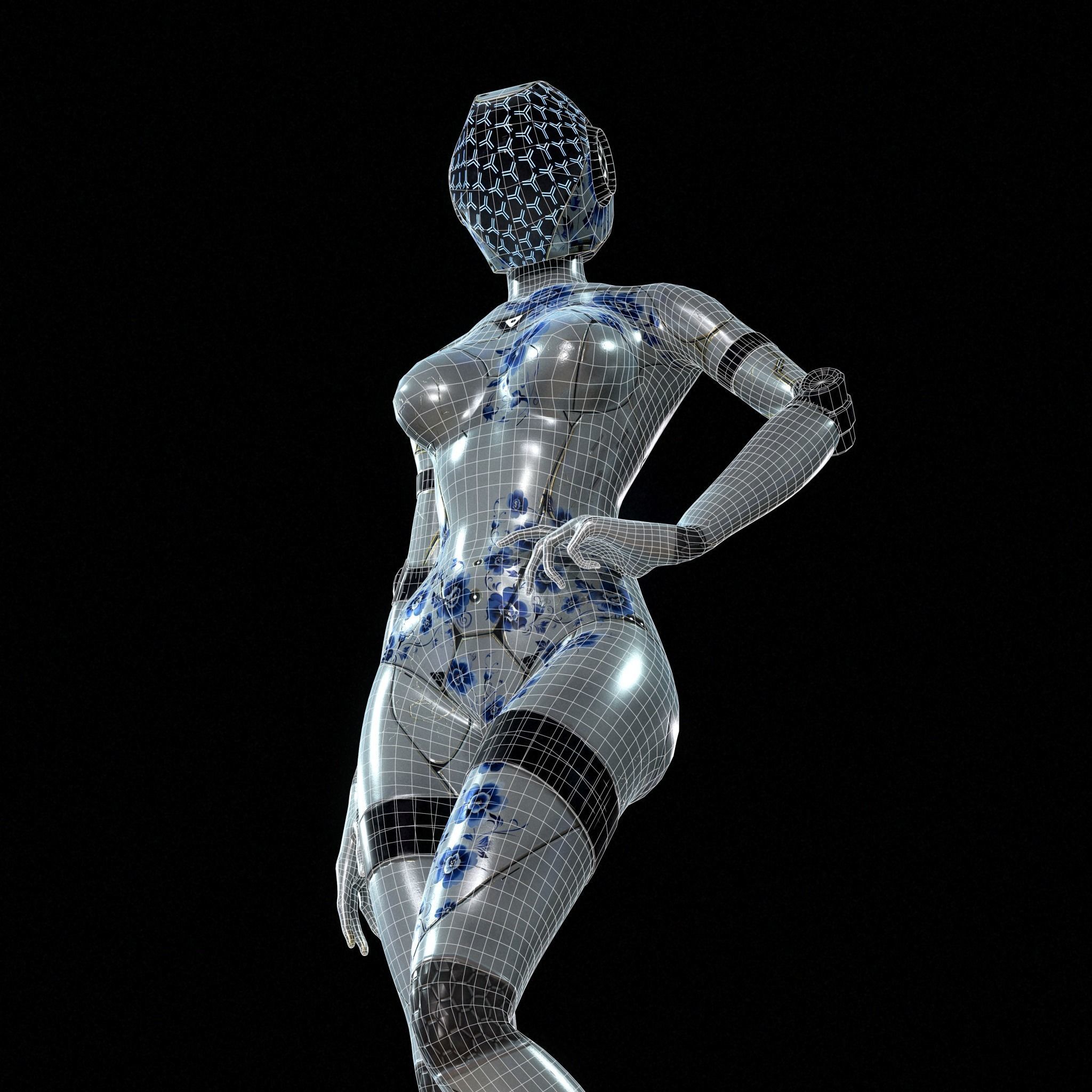 NEON Gzhel - cybernetic girl Low-poly 3D model_6