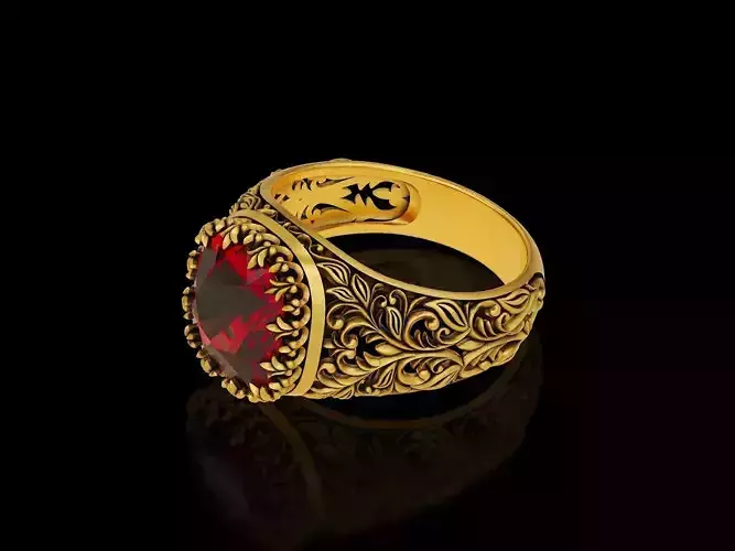 Cushion gem antique floral carving filigree ring