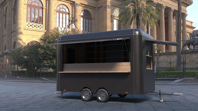Food Trailer Black with Equipment 3D model 7
