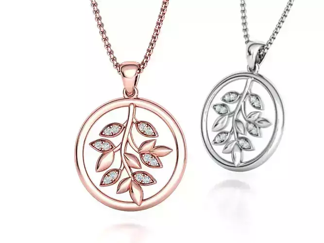 Twig Leaves Round Necklace 24mm pendant 3DMODEL