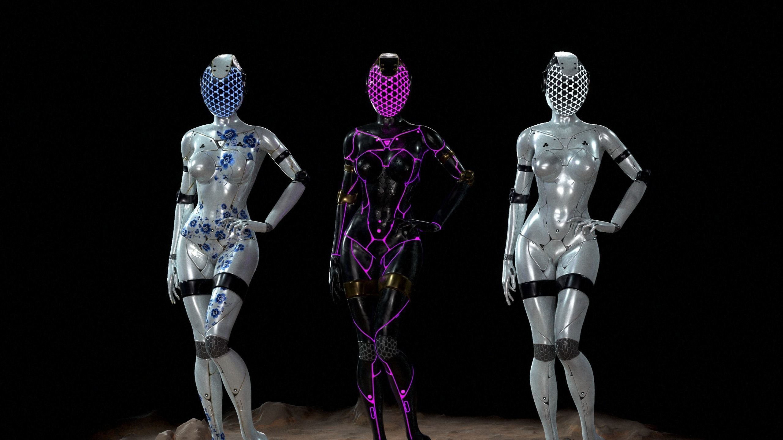 Robotic bionic girls  - game ready Low-poly 3D model_3