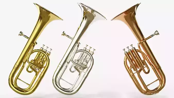 Alto and Tenor Horn 3 Types of Materials Brass Copper and Silver 3D model