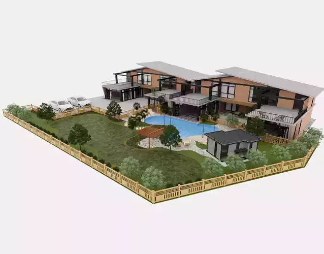 Modern Twin Villas with Swimming Pool 3d scene 3D model