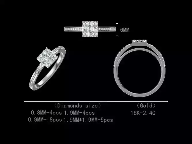 square Cut Diamond Engagement Ring For Women 3D Model Free 3D print model