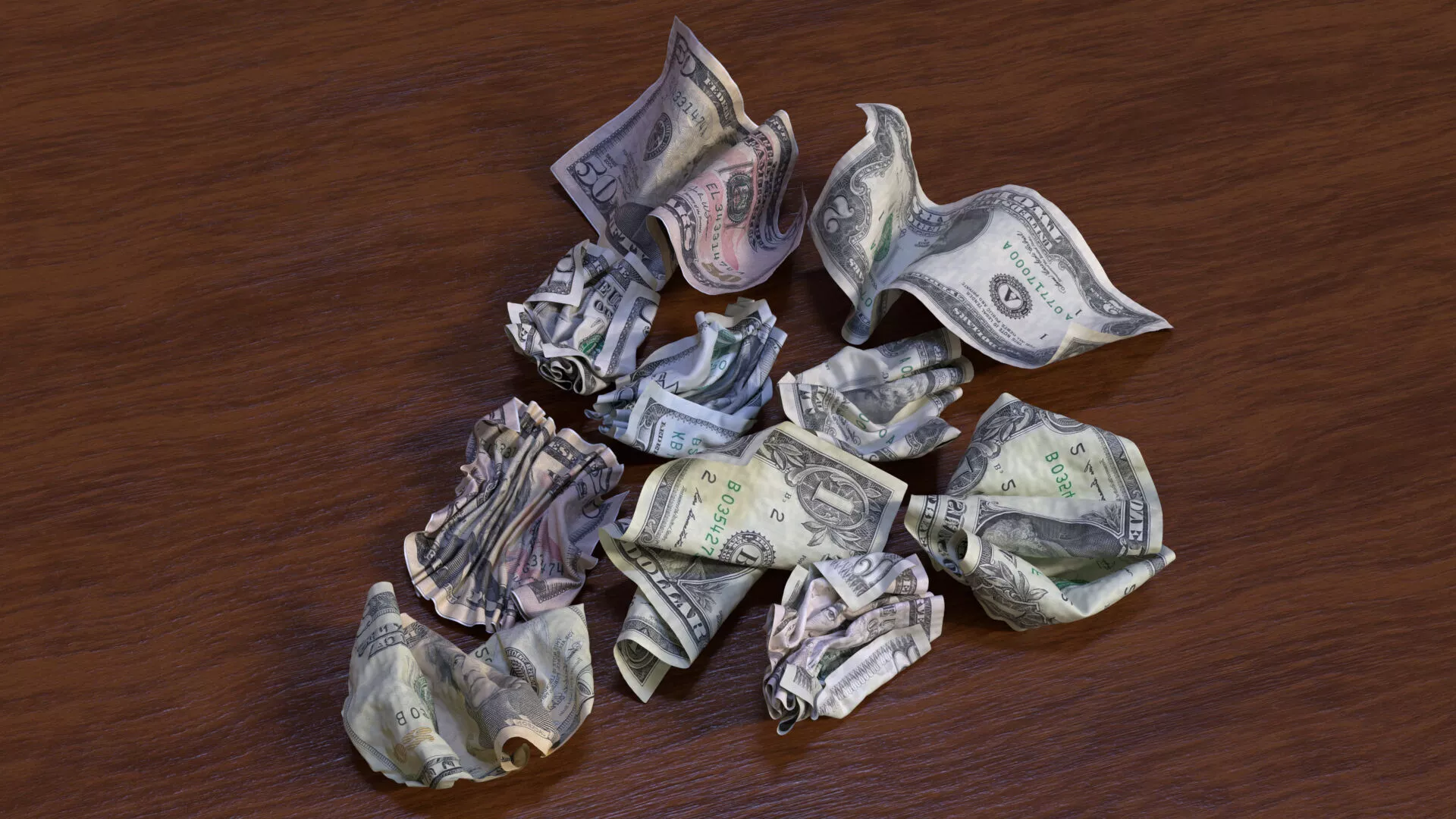 10 Crumpled Dollar 3D model
