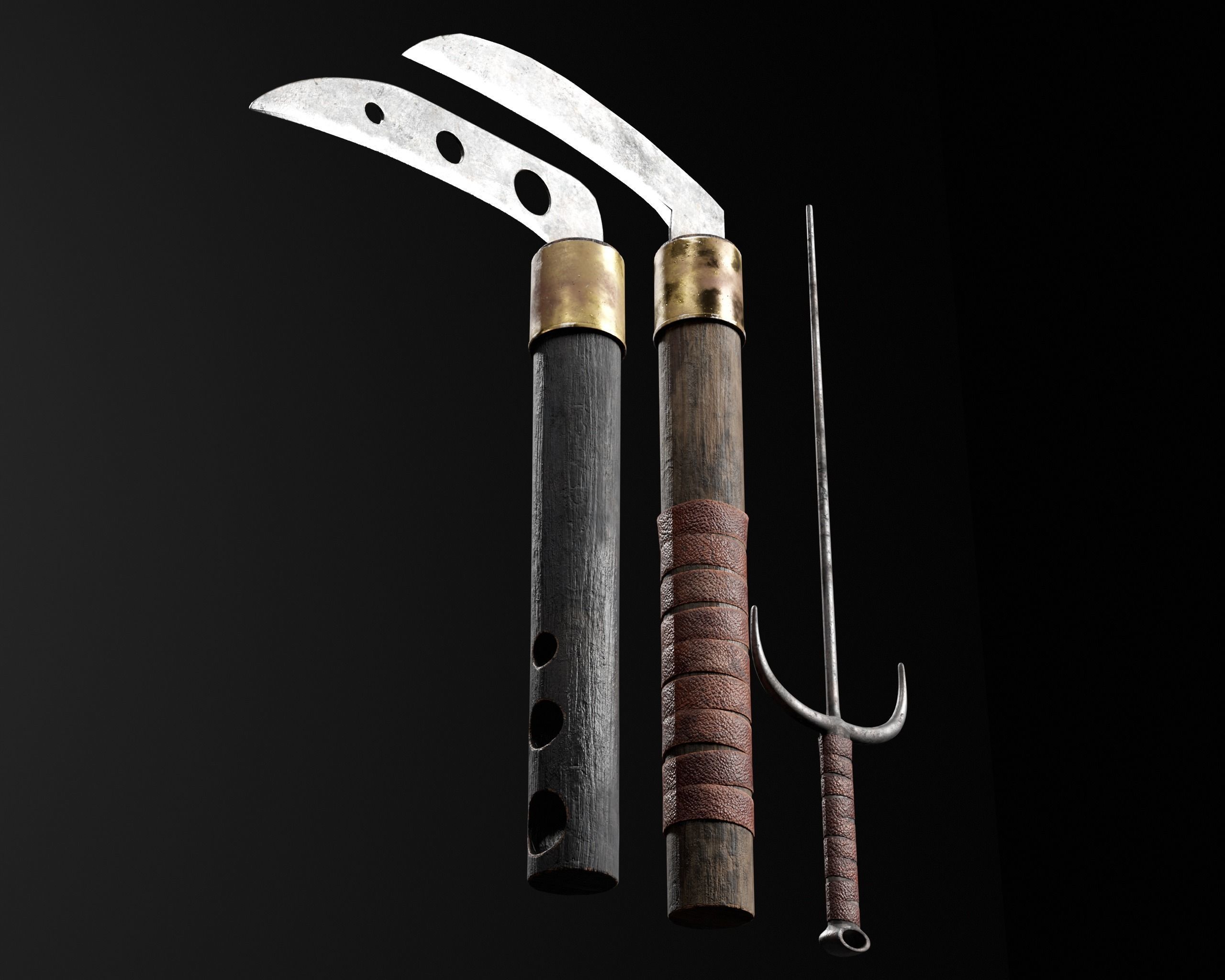 Asian Weapons - Kuma Sai Set  Low-poly 3D model_10