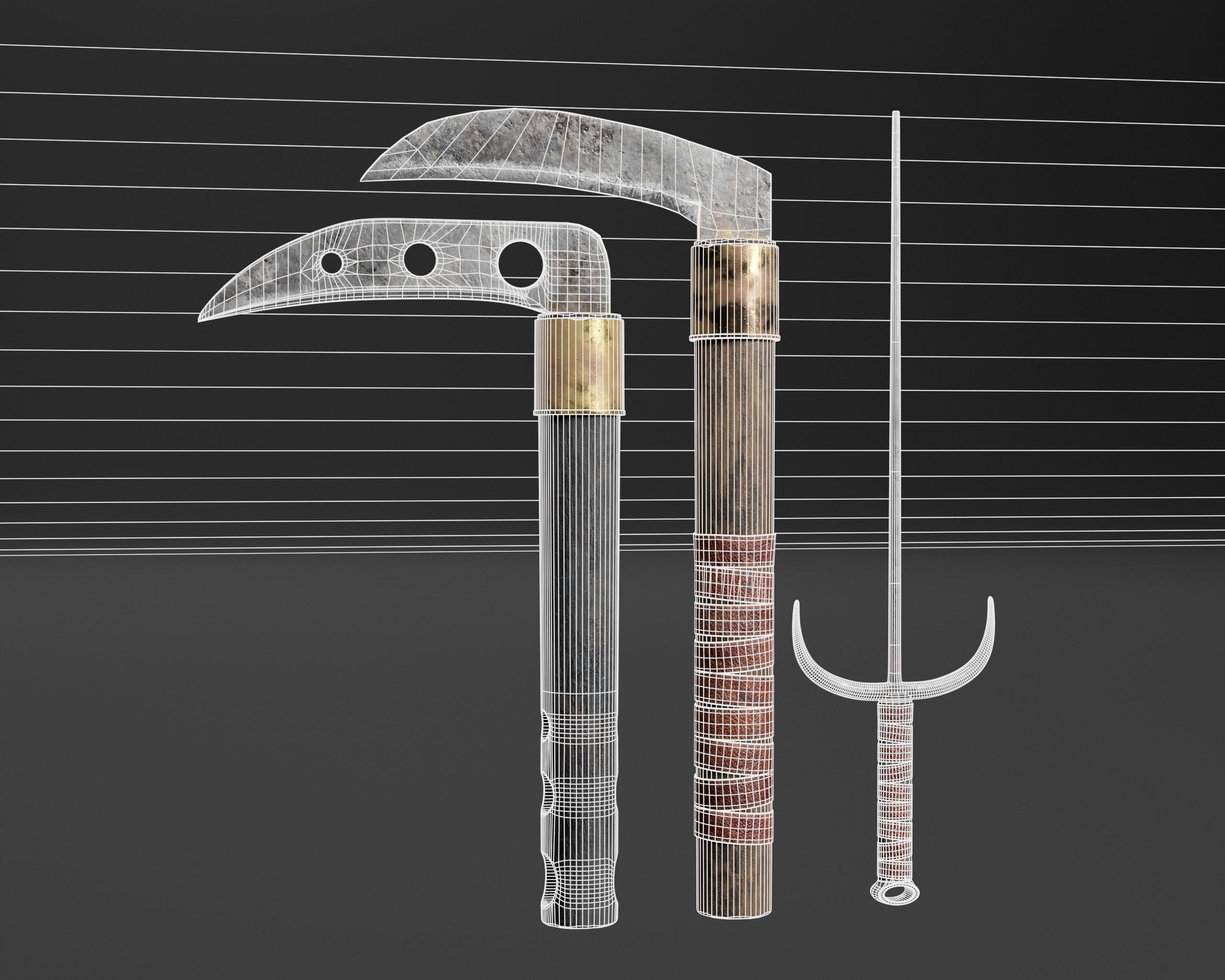 Asian Weapons - Kuma Sai Set  Low-poly 3D model_3