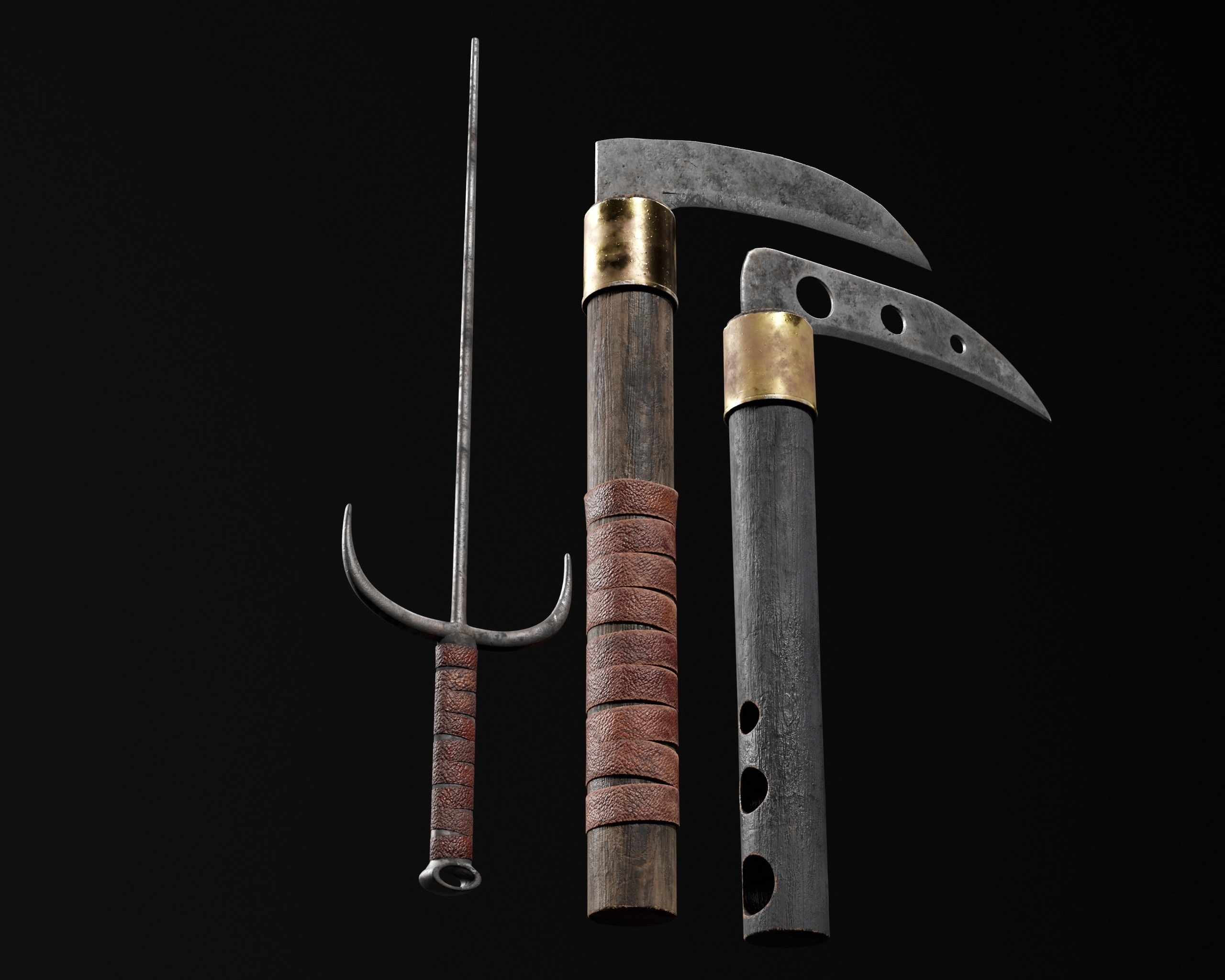 Asian Weapons - Kuma Sai Set  Low-poly 3D model_8