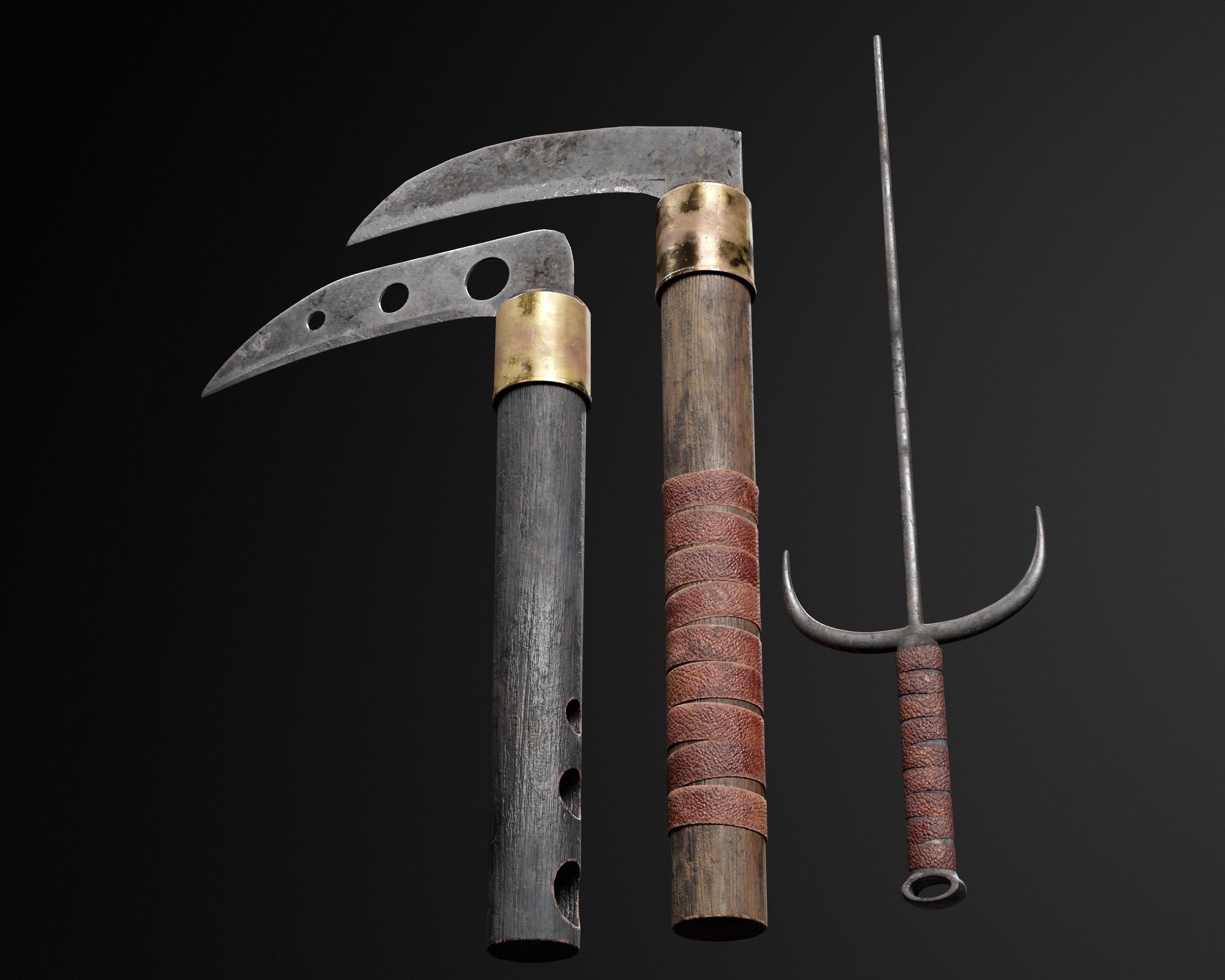 Asian Weapons - Kuma Sai Set  Low-poly 3D model_4