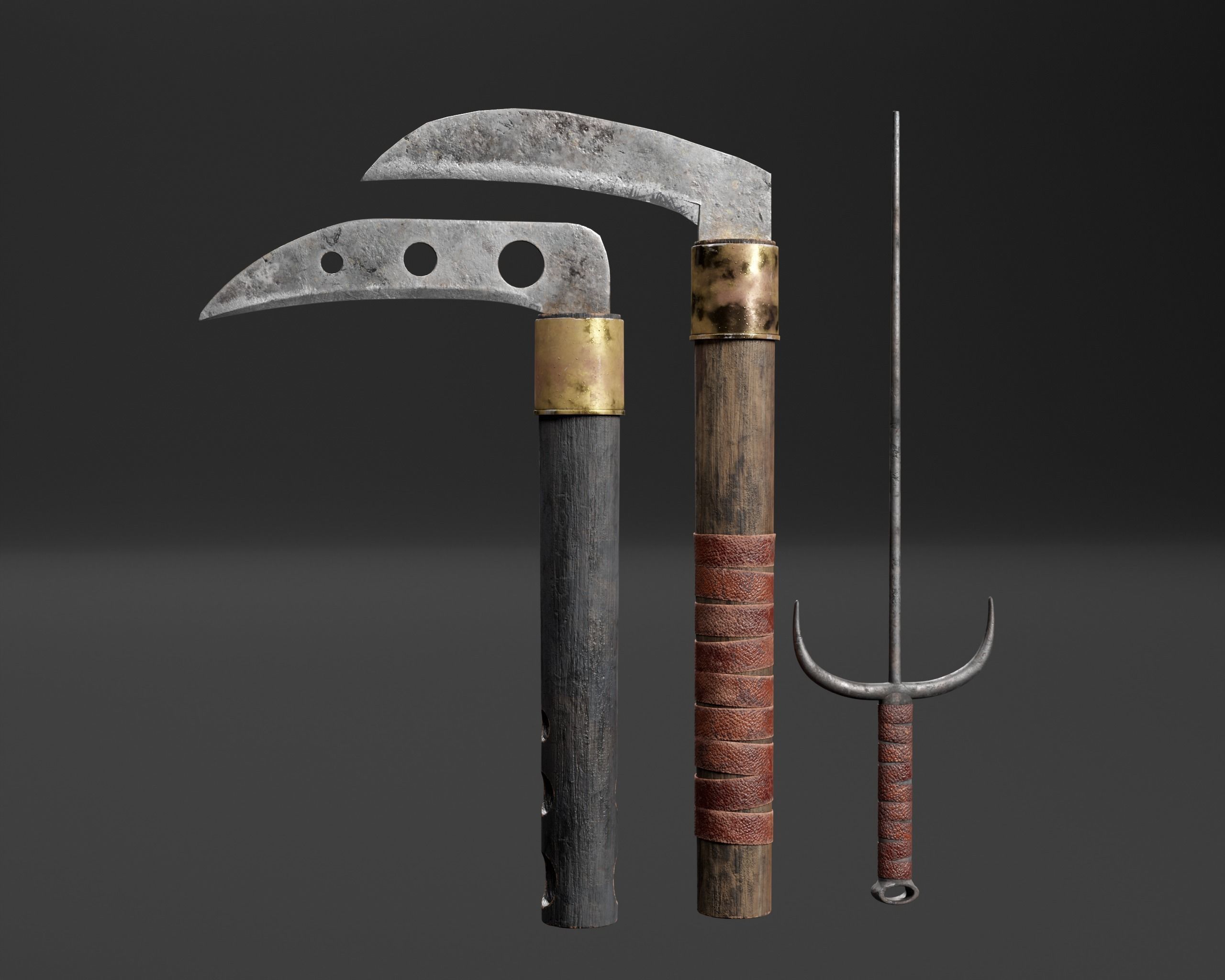 Asian Weapons - Kuma Sai Set  Low-poly 3D model_2