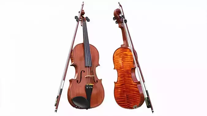 Classic brown violin with bow 3D model