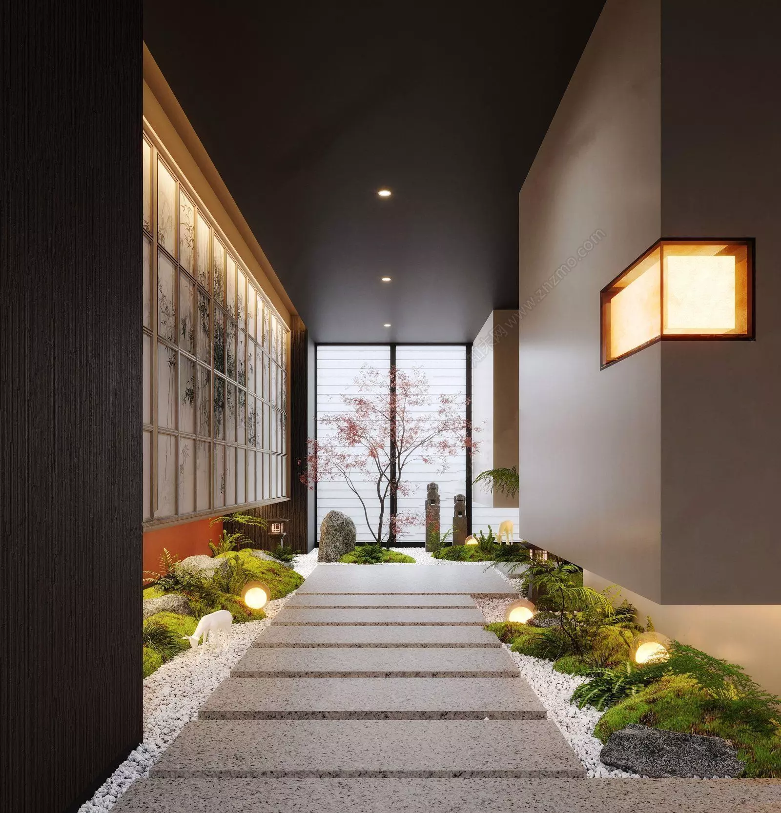 Japanese style indoor landscape corridor walkway 3D model_0