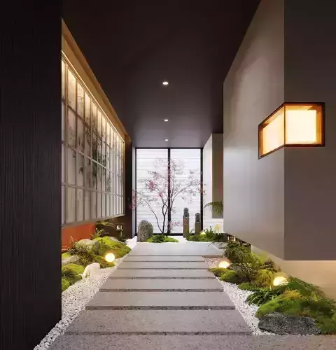 Japanese style indoor landscape corridor walkway