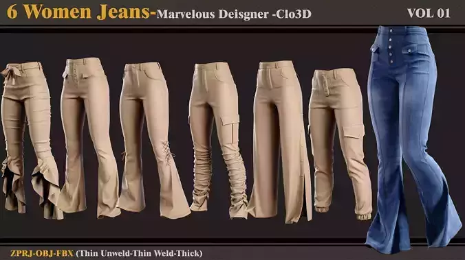 6 Women Jeans -MD-Clo3D -ZPRJ-FBX-OBJ 
