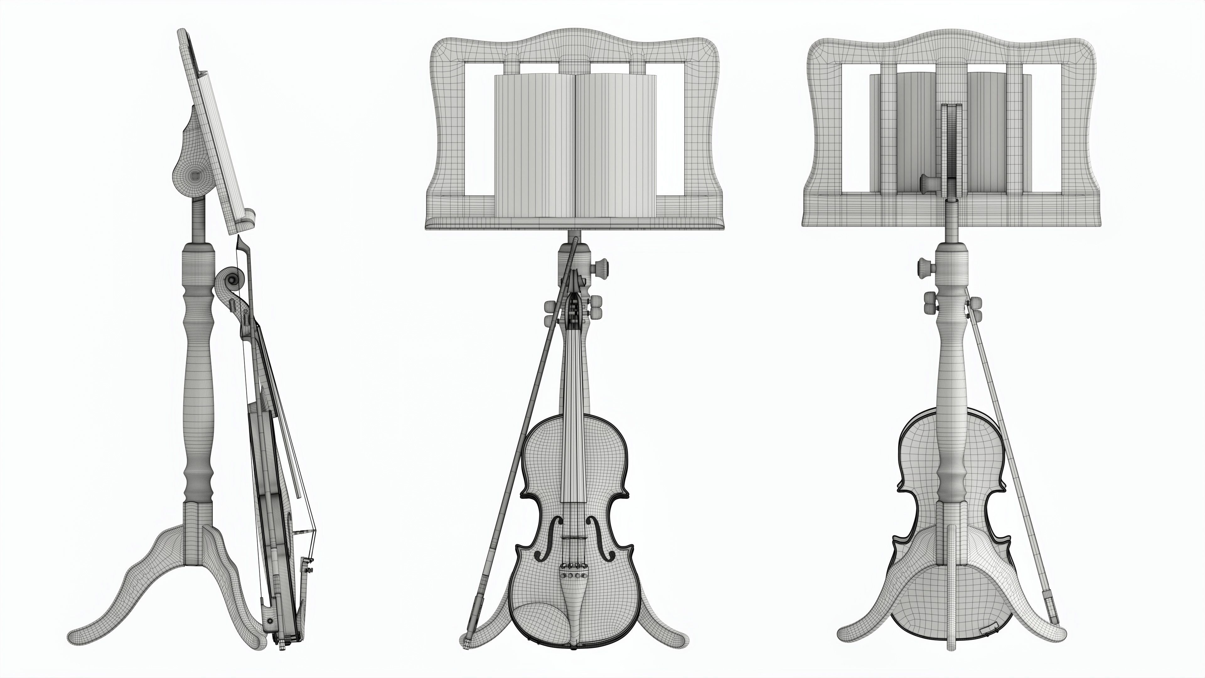 Violin with bow and wooden music note stand 3D model_6
