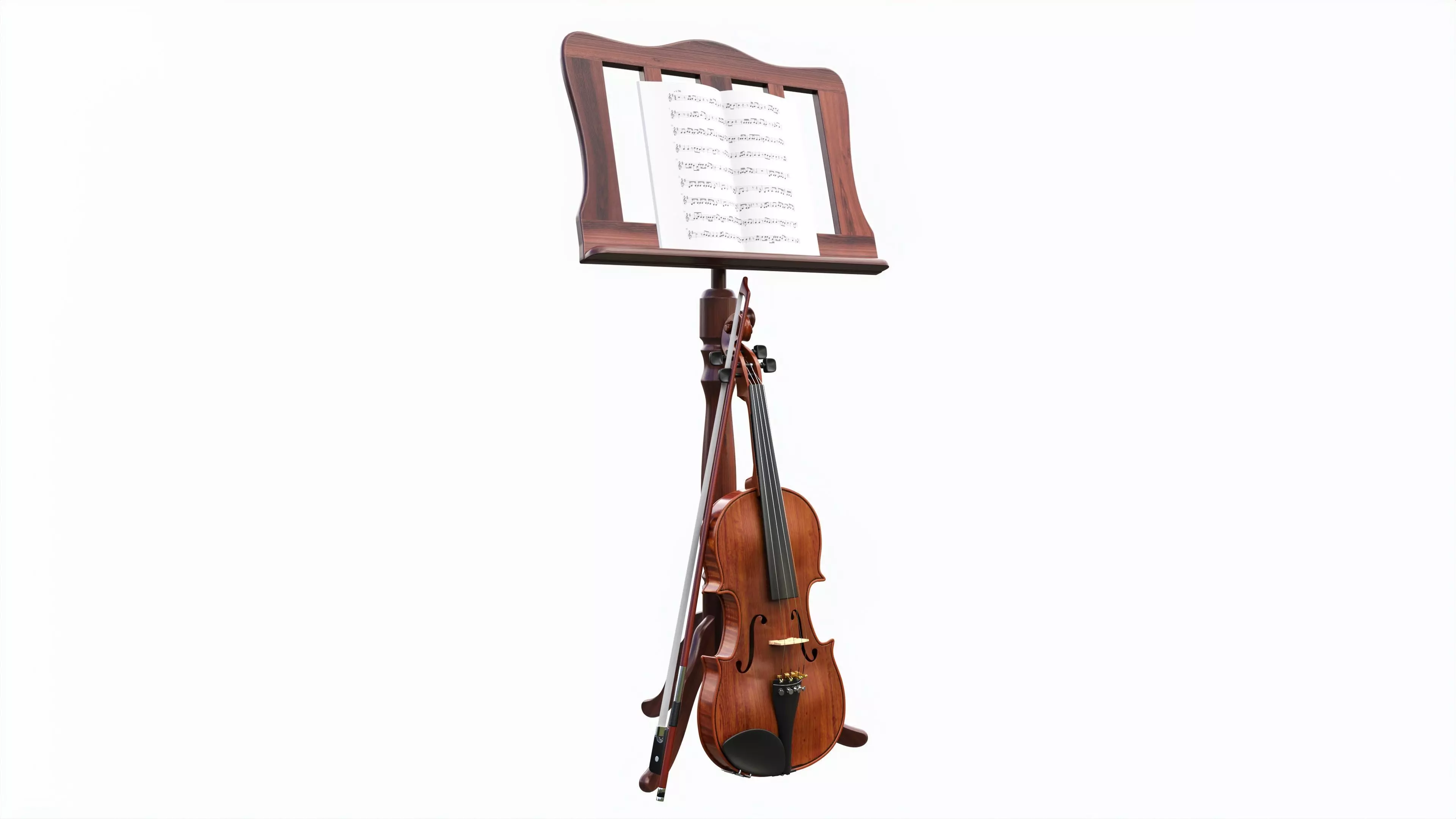 Violin with bow and wooden music note stand 3D model_0
