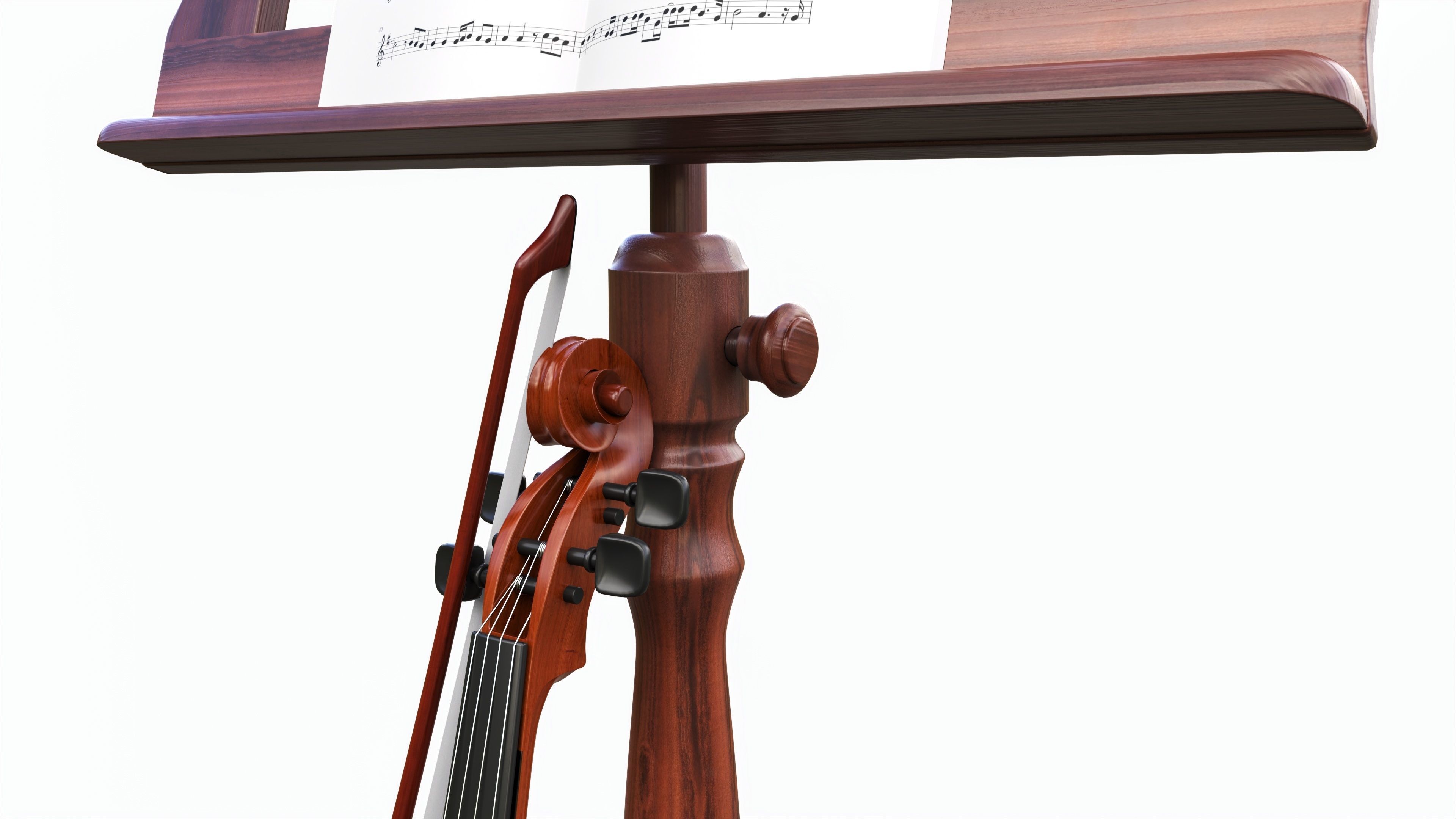 Violin with bow and wooden music note stand 3D model_5