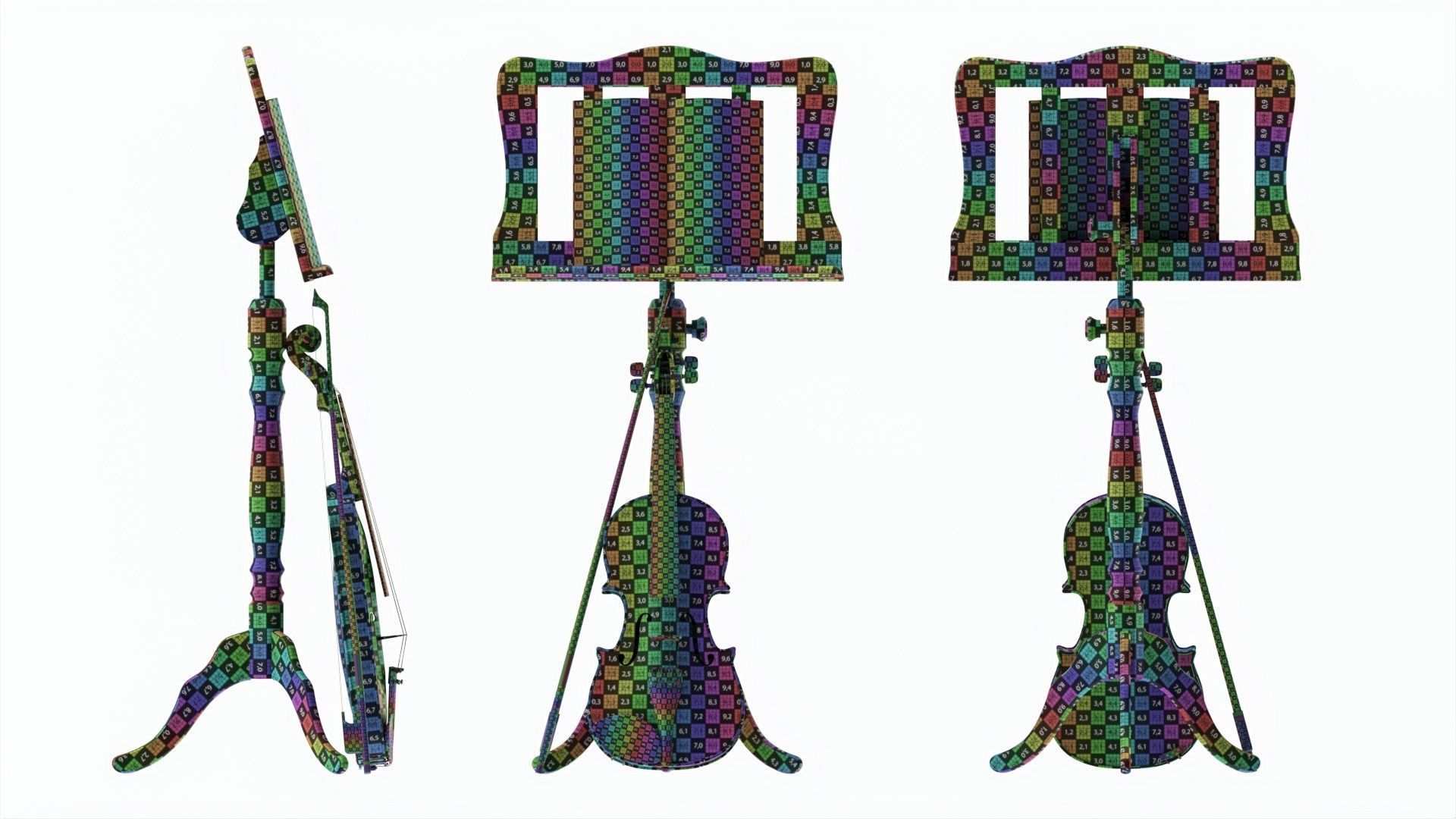 Violin with bow and wooden music note stand 3D model_7