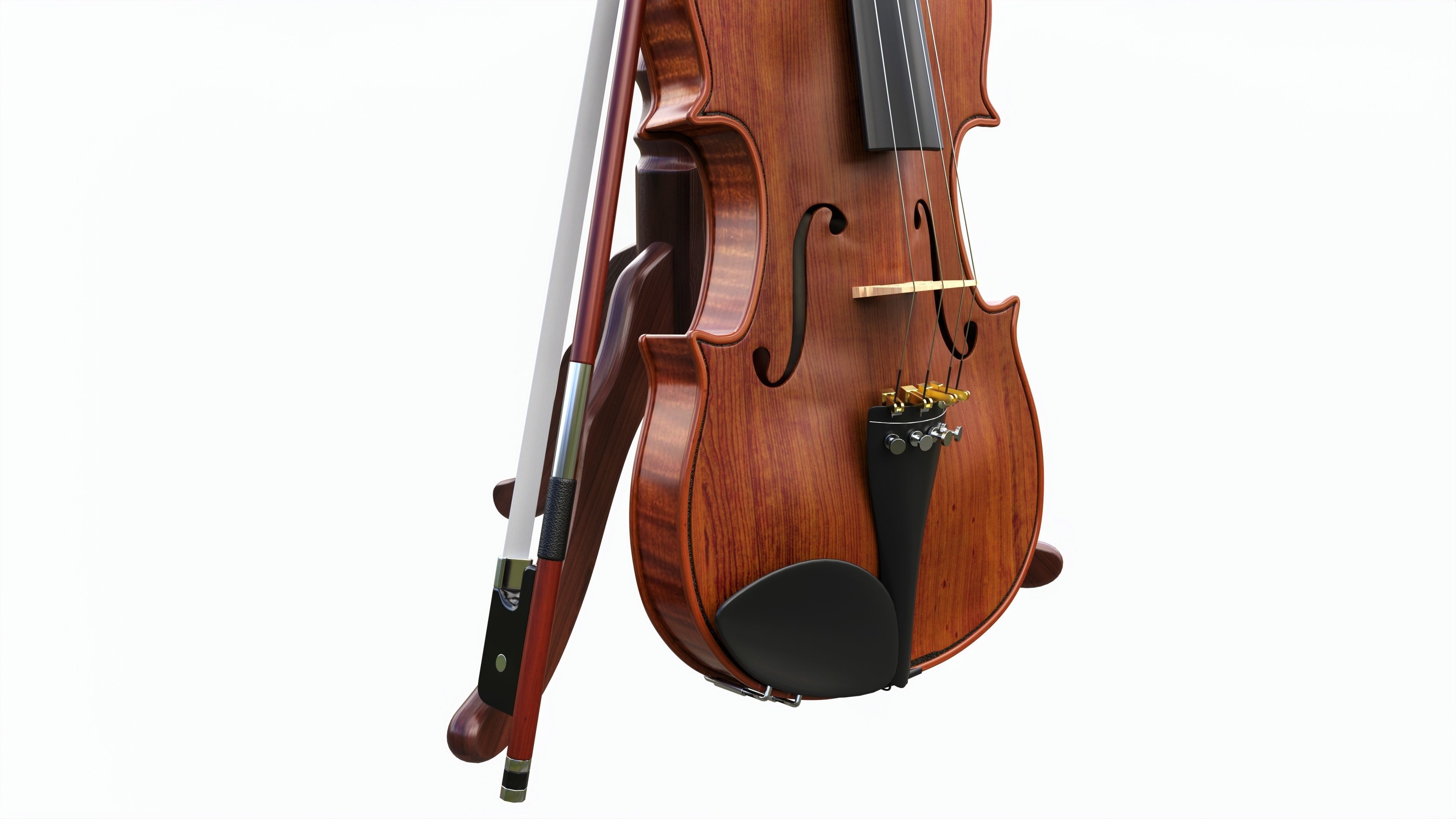 Violin with bow and wooden music note stand 3D model_3